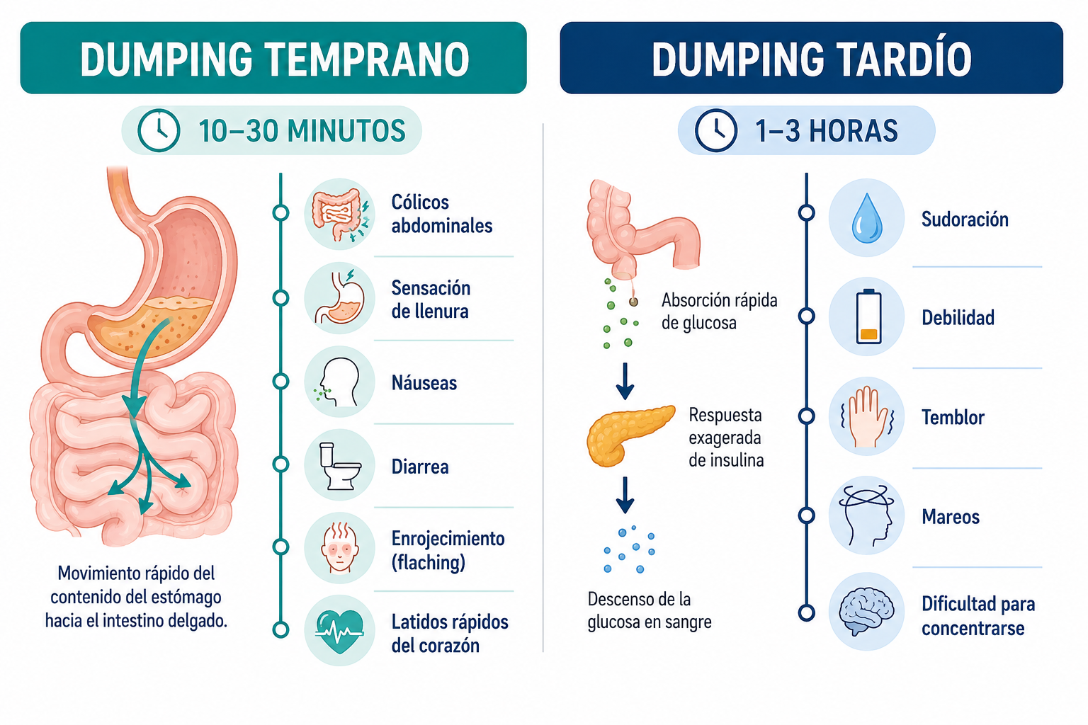 Dumping bariátrico temprano y tardío: síntomas y tiempos