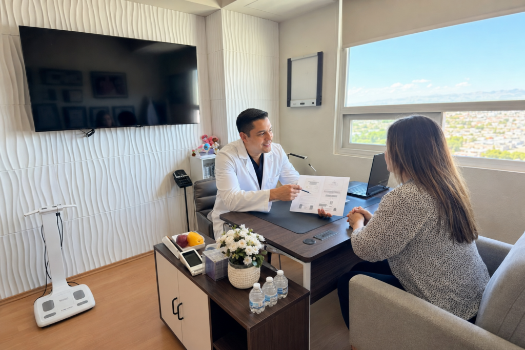 Médico bariatra explicando a una paciente los conceptos incluidos en la cotización de su cirugía bariátrica