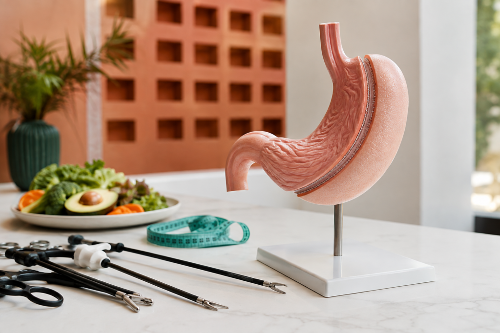 Cómo funciona la manga gástrica: modelo de estómago con línea de manga, cinta métrica e instrumentos de laparoscopia